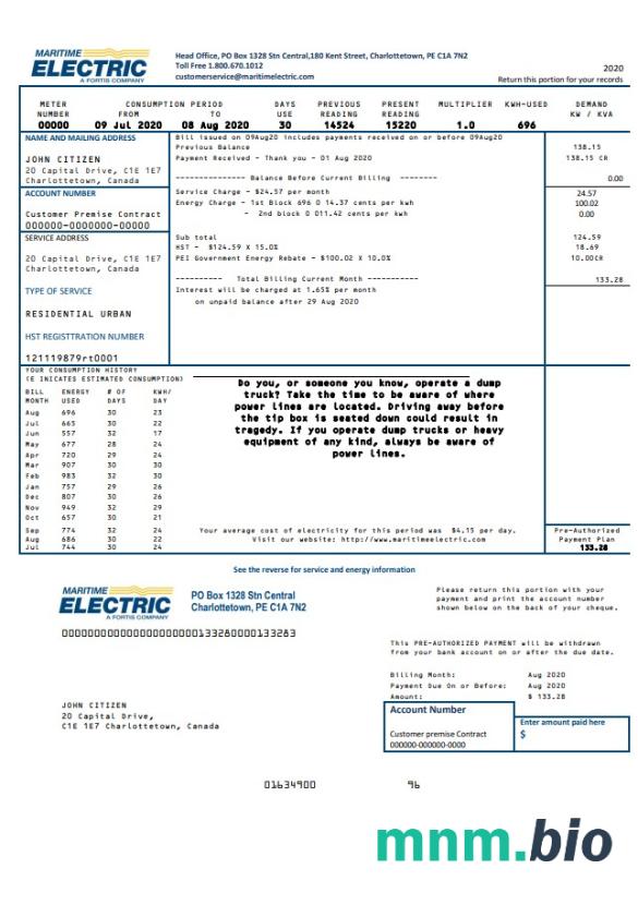 Canada Maritime Electric rachunek za media szablon w formacie Word i PDF